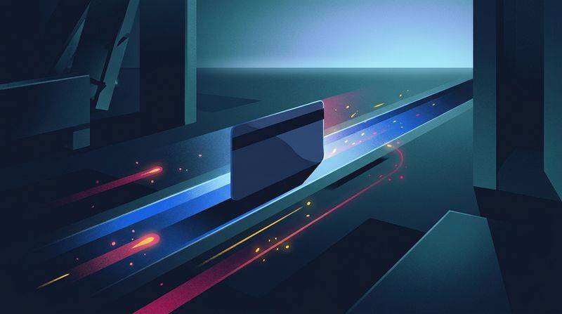 An abstract visualization of a high-speed data transaction, featuring a sleek, minimalist payment card sliding through an illuminated neon groove, rendered in moody near-monochrome navy and teal with luminous brand-blue accents.