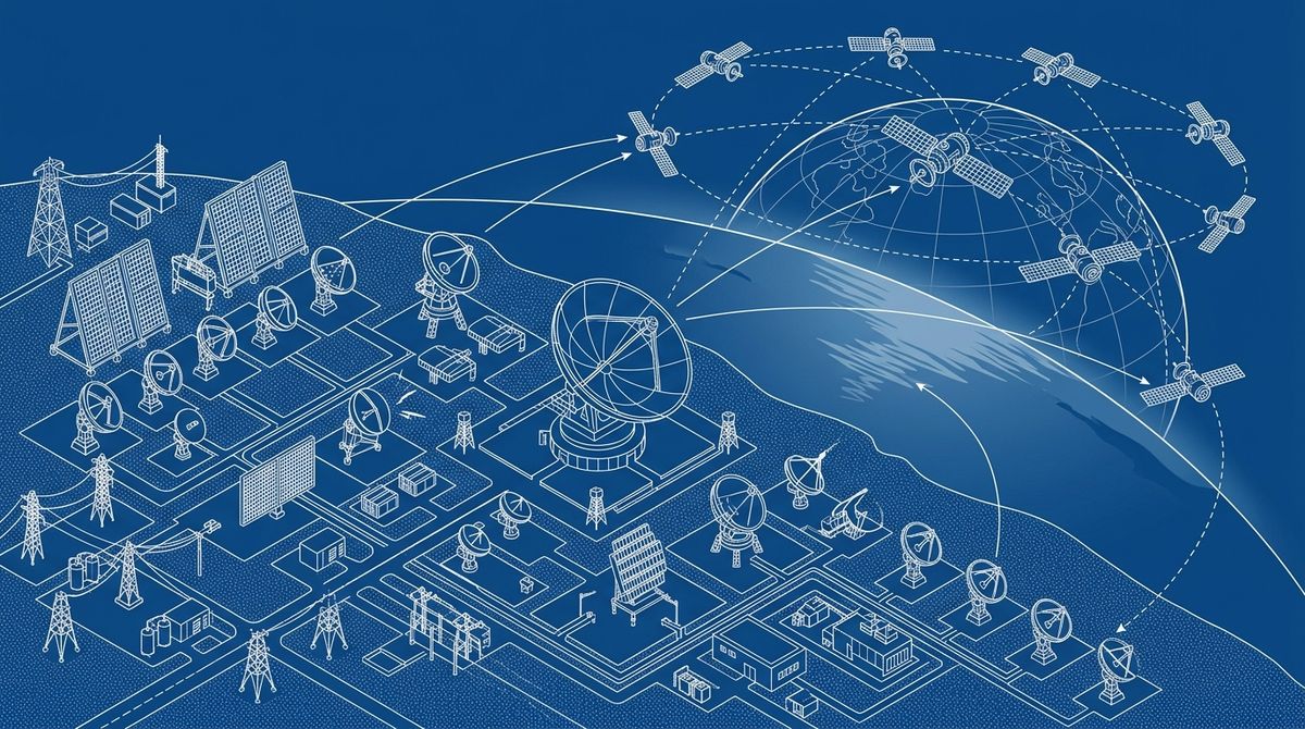 An isometric schematic illustration of a sprawling ground-based military radar array communicating with an orbital satellite network, drawn in stark white lines on a deep blue background.