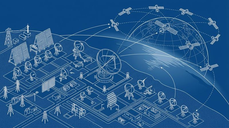 An isometric schematic illustration of a sprawling ground-based military radar array communicating with an orbital satellite network, drawn in stark white lines on a deep blue background.
