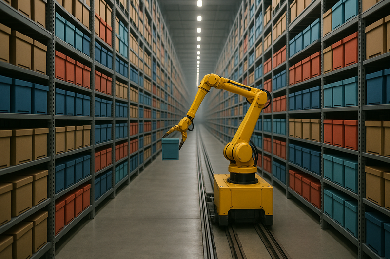 Vast automated retail distribution center. High-bay shelving units stretch into the distance, packed with uniform, color-coded cardboard containers of apparel. A yellow robotic picking arm moves along a track. Clean, industrial logistics environment, no text or barcodes visible.