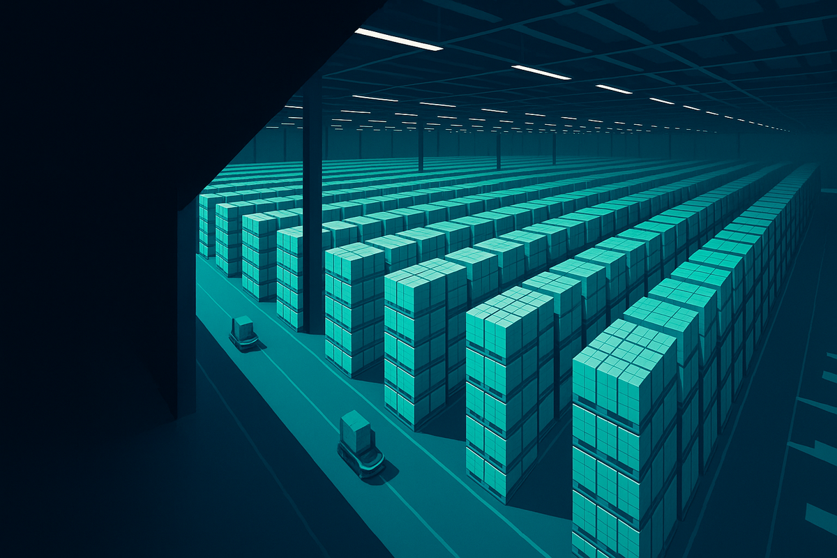 A sprawling, modern cold-storage warehouse interior viewed from a high vantage point, emphasizing massive scale. Aisles of perfectly aligned, temperature-controlled pharmaceutical pallets stretch into the distance, illuminated by sharp LED lighting, with no humans visible, only automated guided vehicles moving seamlessly across the polished concrete floor.