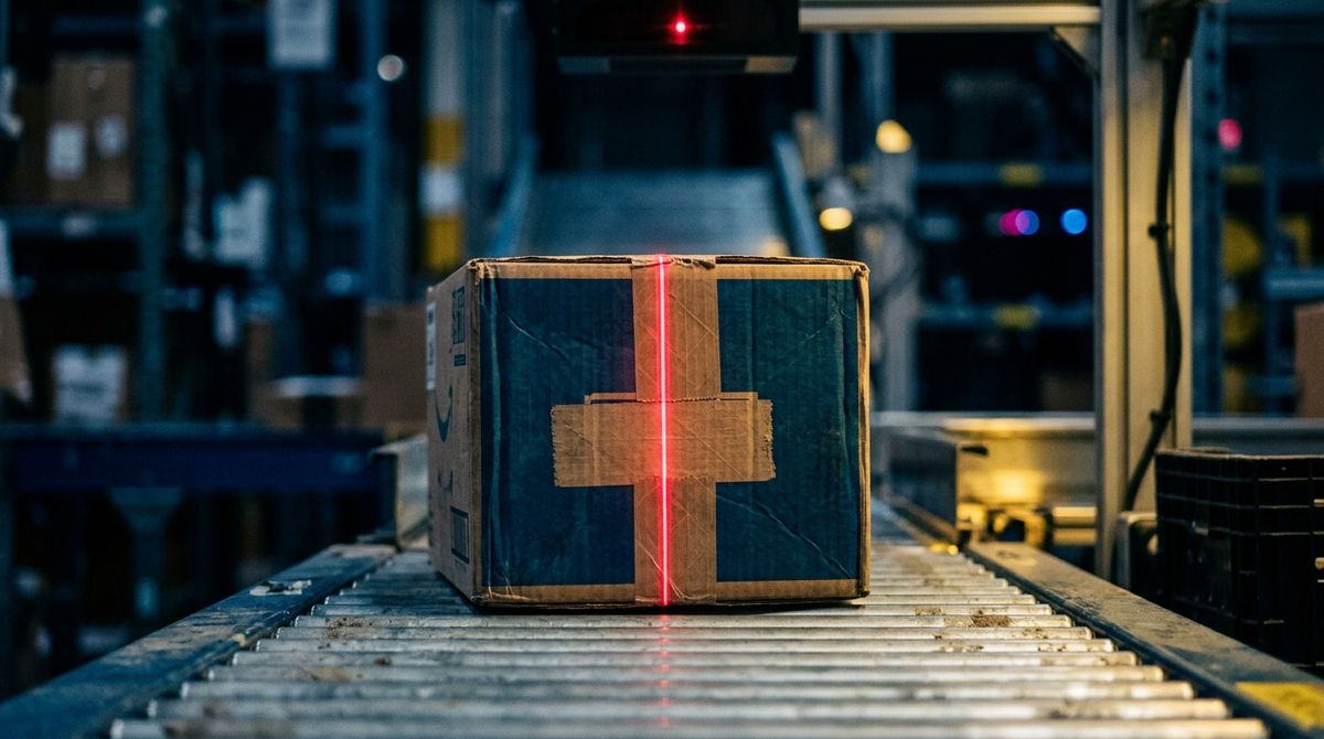 Macro photography of an automated checkout scanner laser intersecting with a generic private-label packaged good, striking contrast between the red laser and deep blue warehouse background, high-end commercial aesthetic.