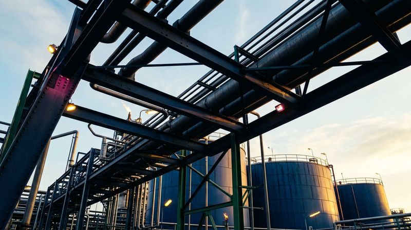 A sprawling industrial coastal refinery complex at dawn, intricate pipework and massive storage tanks illuminated in high contrast against a pale maritime sky.