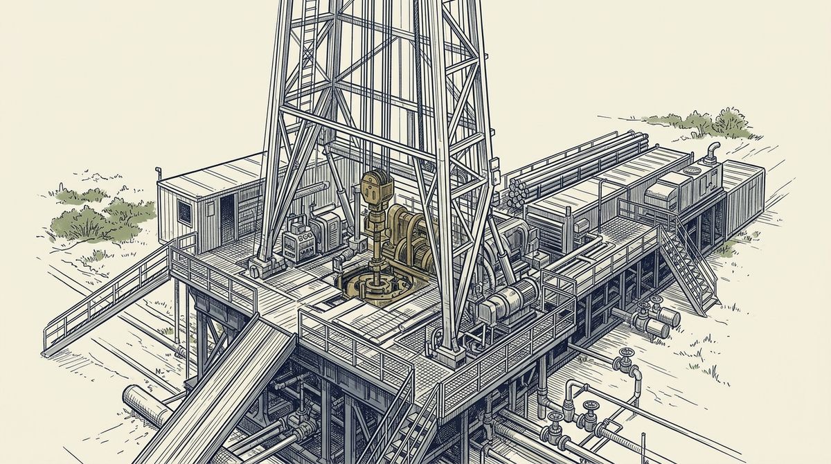 An elegant, technical fine-line illustration of a massive terrestrial onshore drilling rig, drawn with architectural precision in thin dark ink on a clean background, emphasizing the mechanical complexity of the derrick and drill floor.