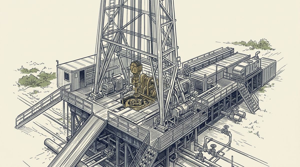 An elegant, technical fine-line illustration of a massive terrestrial onshore drilling rig, drawn with architectural precision in thin dark ink on a clean background, emphasizing the mechanical complexity of the derrick and drill floor.