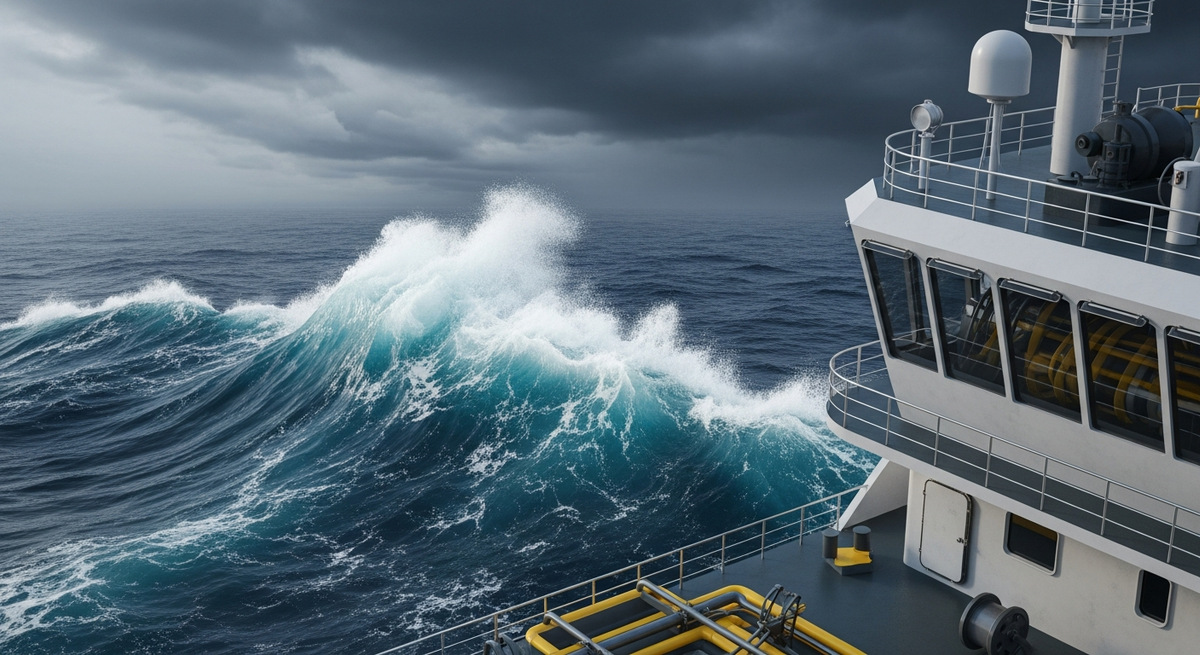 A dramatic view from the deck of an offshore industrial vessel looking out over a churning, dark blue ocean under a heavy, overcast storm sky. High contrasting waves crash in the foreground, capturing a moody, risk-laden maritime atmosphere without any text or overlay.