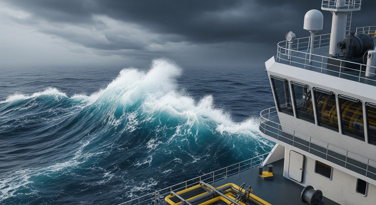 A dramatic view from the deck of an offshore industrial vessel looking out over a churning, dark blue ocean under a heavy, overcast storm sky. High contrasting waves crash in the foreground, capturing a moody, risk-laden maritime atmosphere without any text or overlay.