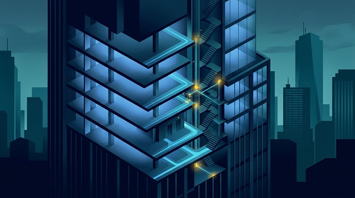 An isometric cross-section of a commercial high-rise building with soft blue illuminated floors, set against a dark teal cityscape, atmospheric graphic illustration with luminous architectural details, conveying commercial real estate risk modeling.