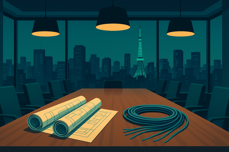 A sprawling, high-end corporate boardroom with floor-to-ceiling windows overlooking the Tokyo skyline at dusk. On the polished oak conference table, thick rolls of architectural blueprints and raw fiber-optic cables sit under warm pendant lights. No text, no human figures, wide architectural framing.