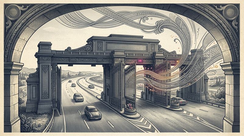 A highly detailed, currency-style engraving of a massive, ornate toll booth straddling a wide highway, with abstract digital data streams passing through the heavy physical gates.