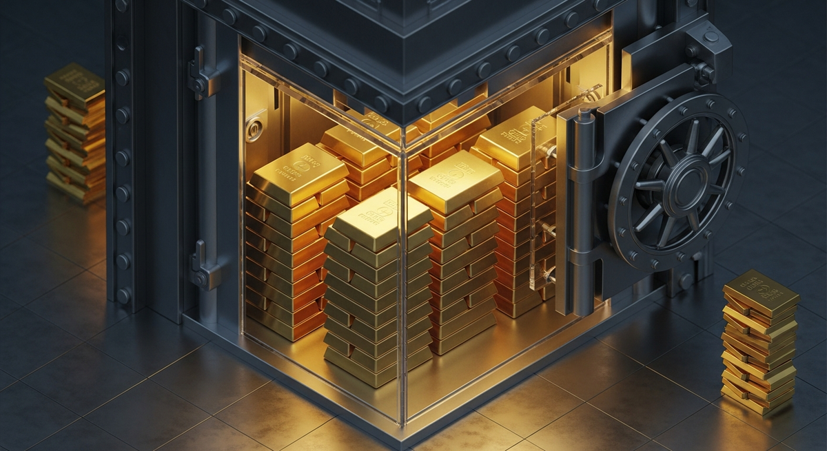 Stacks of glowing gold bars neatly arranged inside a heavily fortified, dimly lit bank vault, symbolizing sovereign wealth accumulation and hard asset security.