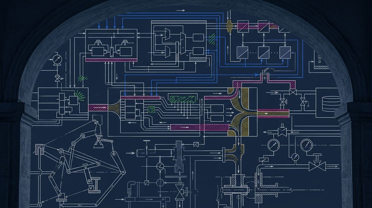 Technical blueprint detailing an autonomous enterprise agent network layered over a legacy corporate database, emphasizing bottlenecks and flow constraints with precise white drafting lines.