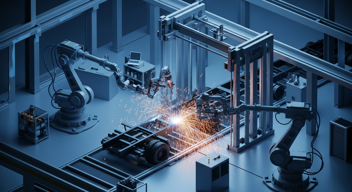 An interior shot of a modern, highly automated U.S. automotive factory. Industrial robotic arms are shown precision-welding a heavy-duty truck chassis, with orange sparks flying against a cool, blue-toned factory floor. No text or human figures are visible, emphasizing the technological shift in domestic production.