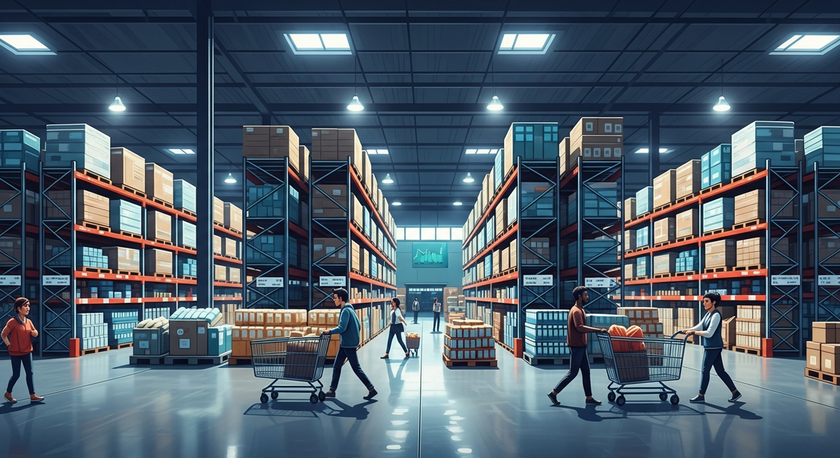 A wide, brightly lit interior shot of a massive warehouse club or discount retail store, featuring towering industrial shelves stocked with bulk household goods, concrete floors, and shoppers pushing oversized carts, emphasizing scale and consumer staples.