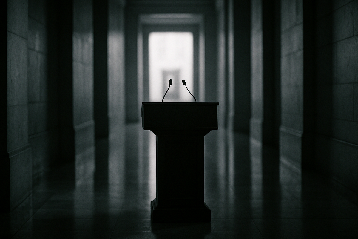 A stark, minimalist marble hallway inside a monolithic government institution, featuring a solitary, empty wooden press podium. Cool, austere lighting reflecting off polished floors, evoking an era of institutional silence and rigid monetary policy.