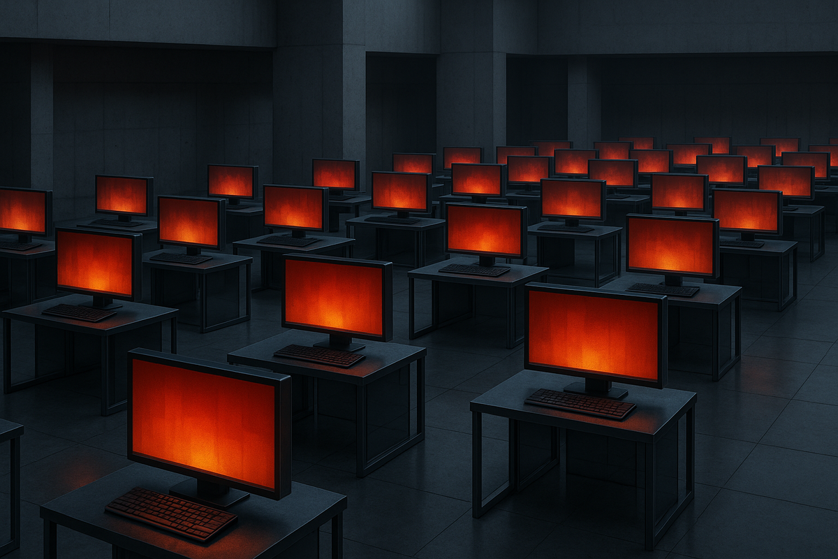 Rows of empty, glowing financial data terminals displaying stark red and orange heatmaps, set inside a vast, dimly lit, brutalist architectural space. The environment conveys immense institutional tension and the invisible, crushing weight of bond market pressure, with no legible text or numbers visible.