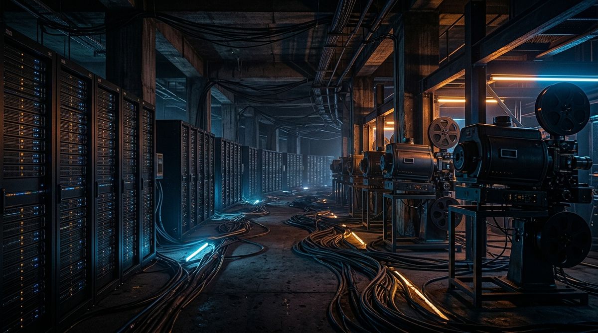 An expansive subterranean datacenter where endless rows of glowing server racks seamlessly transition into heavy, mechanical cinema projectors and thick bundles of broadcast cables, shot with deep shadows and vibrant cool blue and amber neon accents.