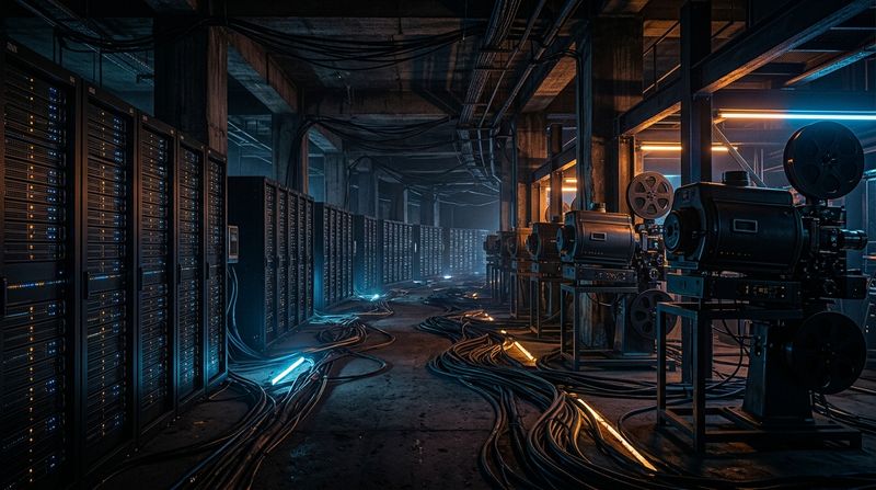 An expansive subterranean datacenter where endless rows of glowing server racks seamlessly transition into heavy, mechanical cinema projectors and thick bundles of broadcast cables, shot with deep shadows and vibrant cool blue and amber neon accents.