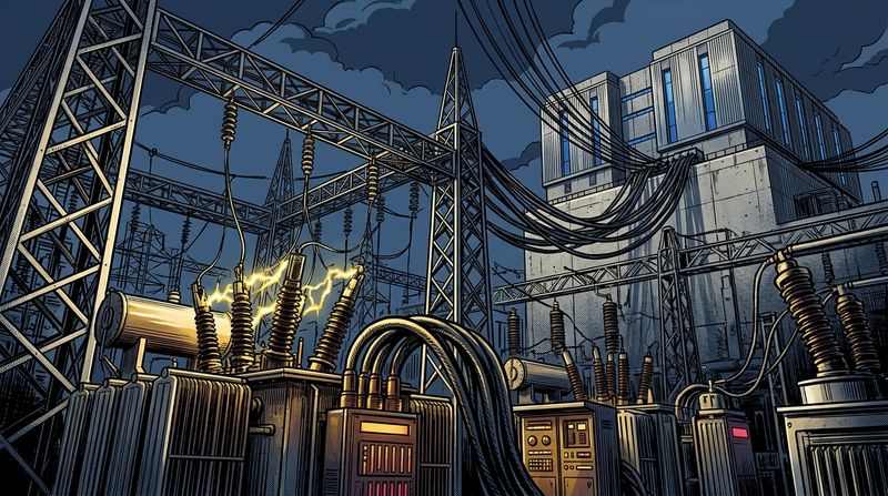 Massive industrial power substations and transformers feeding energy into a modern server facility, dramatic shadows and strong ink lines emphasizing the heavy infrastructure required for the digital economy.