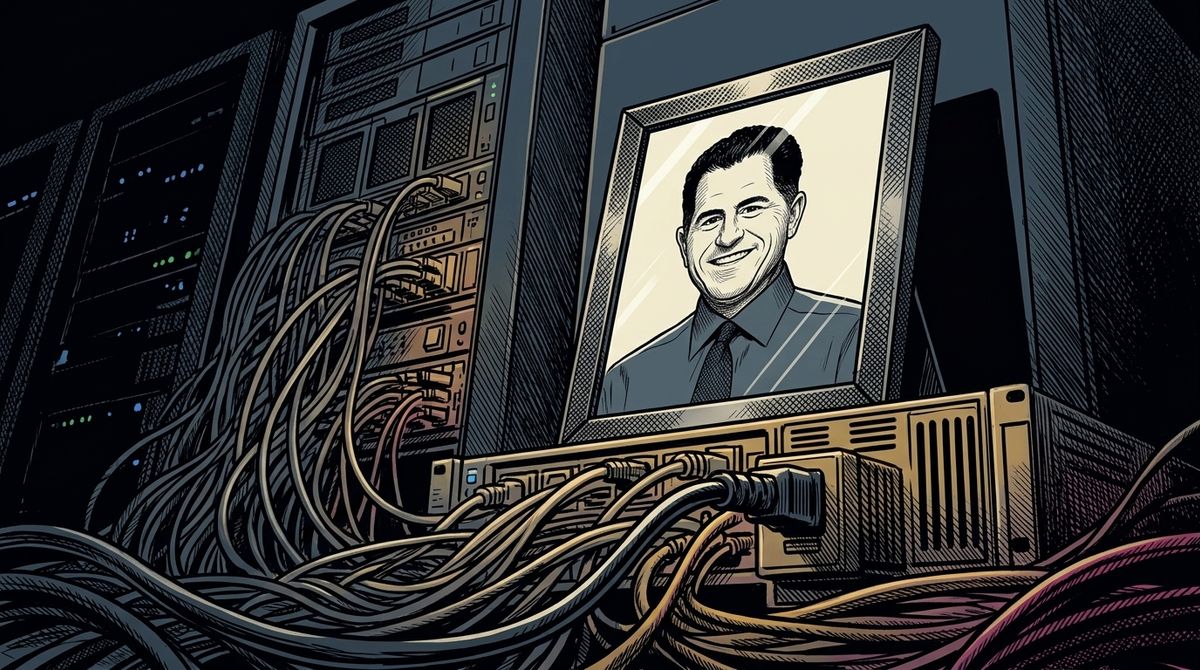 Graphic novel style illustration of Michael Dell standing in a dimly lit server room. He is examining a chaotic tangle of heavy power cables connecting to a towering AI server rack. Dramatic cross-hatched ink shading on his face and the metal hardware, glowing blue LED accents piercing the deep shadows. Michael Dell. Photo: mikeandryan / Wikimedia Commons (CC BY 2.0; https://creativecommons.org/licenses/by/2.0).
