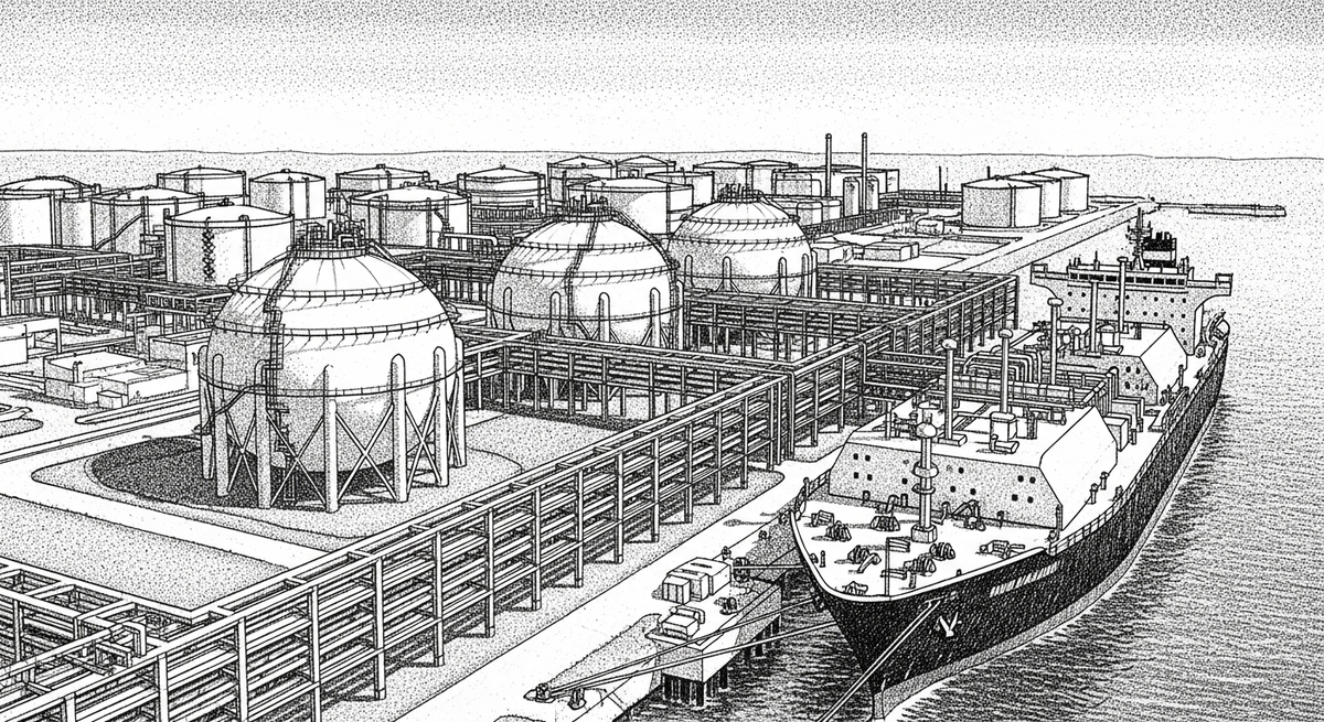 Massive spherical liquefied natural gas storage tanks at a sprawling coastal export facility, with complex piping systems and a large specialized cargo vessel docked alongside the pier in bright daylight.