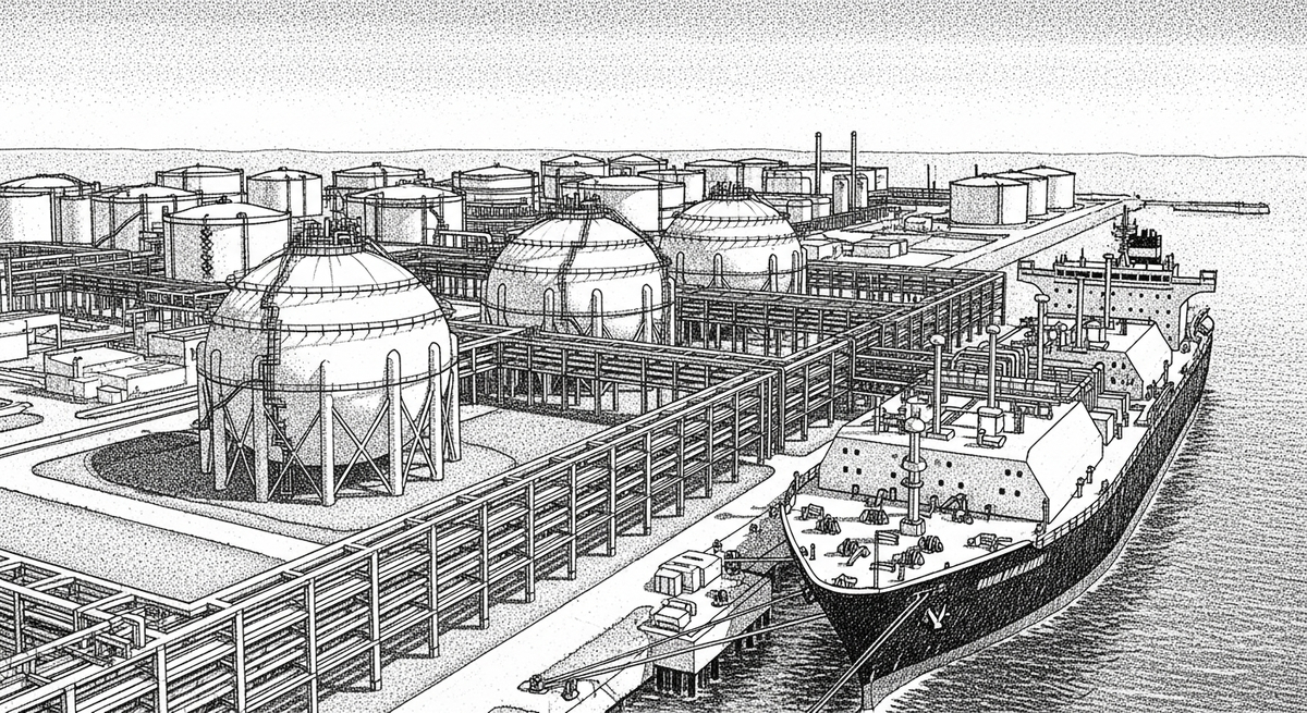 Massive spherical liquefied natural gas storage tanks at a sprawling coastal export facility, with complex piping systems and a large specialized cargo vessel docked alongside the pier in bright daylight.