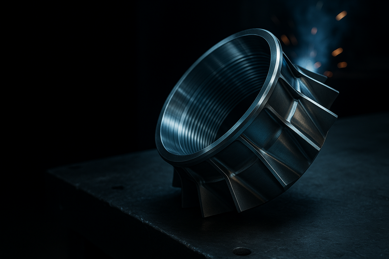 Macro photograph of a freshly machined titanium aerospace turbine nozzle, resting on a heavy industrial workbench. Cool blue and silver metallic reflections, precise geometric grooves, sparks of welding light in the blurred background. No text, logos, or readable labels.