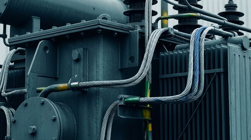 Close up of heavily armored high-voltage electrical transformers and thick aluminum wiring, monochrome editorial style with a muted teal cast, sharp metallic textures, restrained and analytical.