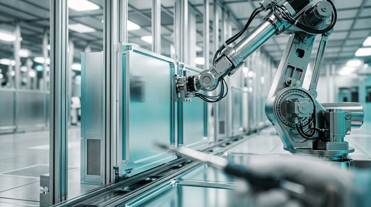 Macro shot of heavy industrial machinery installing pristine, sterile cleanroom infrastructure for semiconductor manufacturing, gleaming silver and cyan tones, architectural scale and precision.