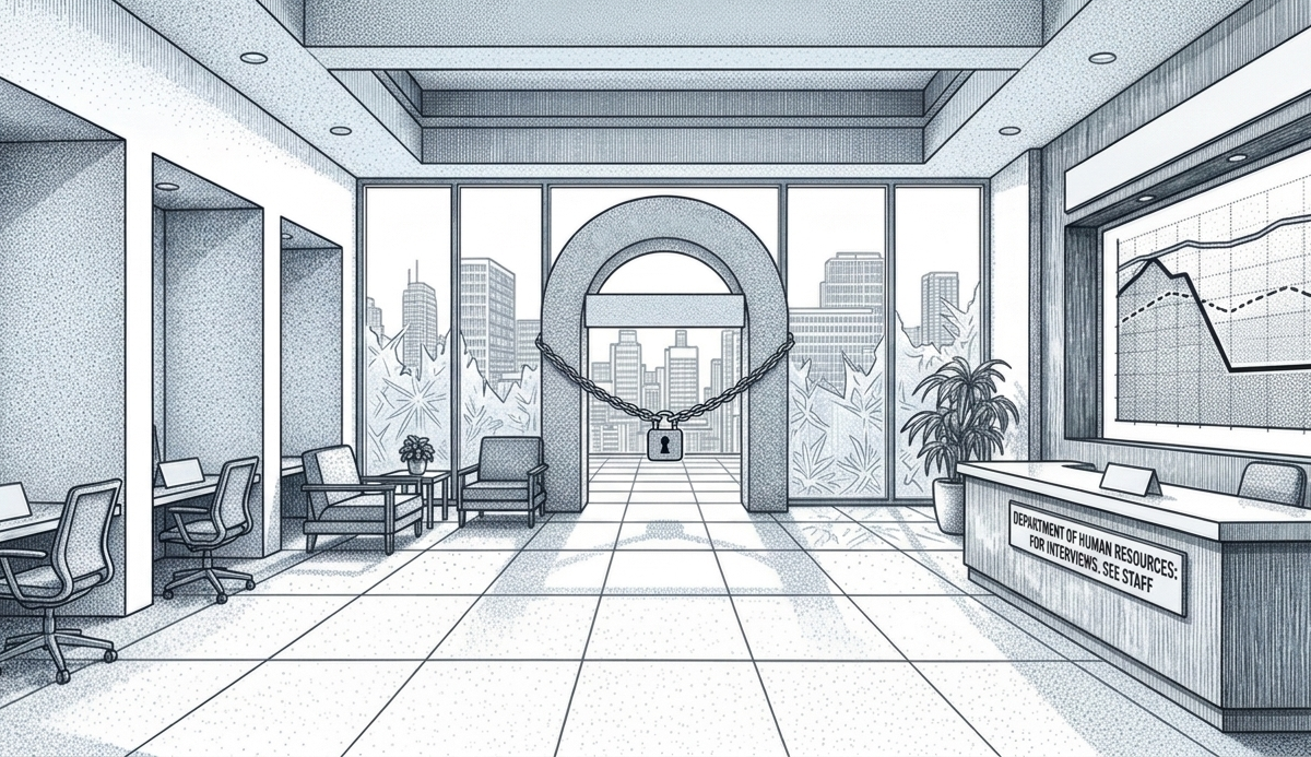 A chained-off, frozen office lobby, symbolizing a corporate hiring freeze.