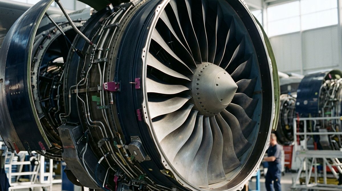 A close-up editorial photograph of a massive commercial aerospace jet engine turbine under construction, featuring intricate titanium fan blades and pristine metal cowlings inside a bright, specialized assembly hangar.