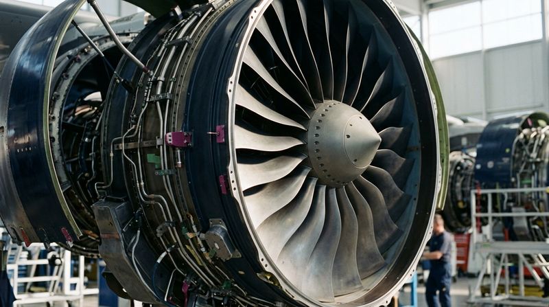 A close-up editorial photograph of a massive commercial aerospace jet engine turbine under construction, featuring intricate titanium fan blades and pristine metal cowlings inside a bright, specialized assembly hangar.