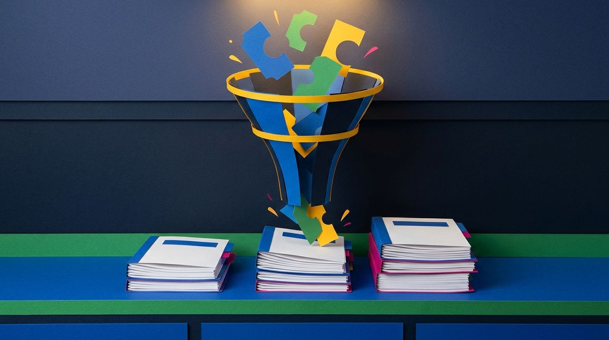 A tactile paper cut illustration of a Wall Street investment banking desk constructed from layered dimensional paper, with a large funnel channeling paper venture shares into structured public offering documents.