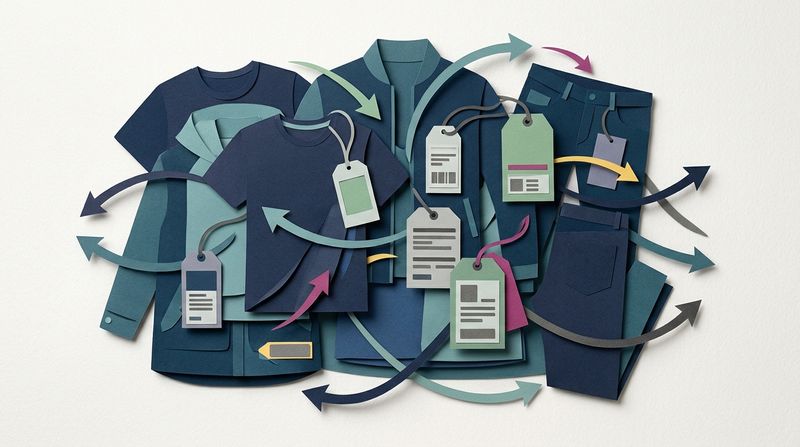 Tactile dimensional paper cut art depicting layered garments, retail tags, and supply chain logistics arrows in deep navy and muted teal, showcasing inventory mechanics and cross-border trade.