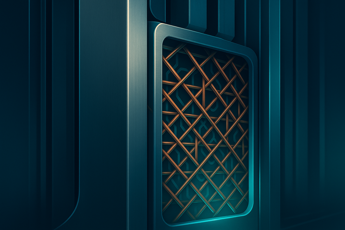 A macro close-up of a sleek, brushed-titanium server rack component with intricate copper wiring woven tightly into a geometric grid. Soft ambient neon blue light pulses from within the metallic housing, suggesting high-speed data flow and secure tokenization processing. No text, labels, or numbers.