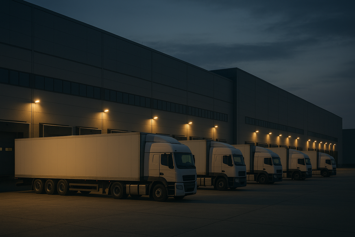 A fleet of large, blank commercial transport semi-trucks parked at the loading bays of a massive modern logistics facility at dusk. Industrial halogen lighting illuminates the concrete lot. Abstract, functional architecture, strictly no lettering, no text, and no corporate logos.
