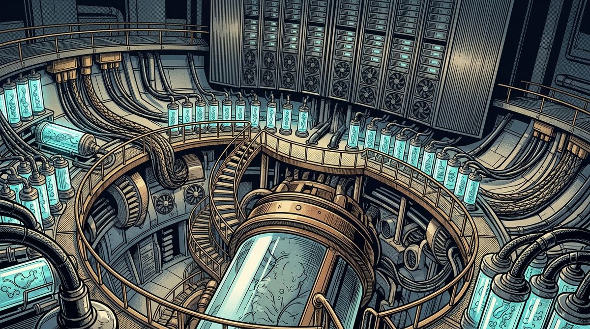 Graphic novel illustration. A sprawling laboratory table filled with glowing microscopic vials, connected by thick cables to a humming mainframe server. Deep inky shadows, hatched metal textures, cool cyan lights reflecting off glass, conveying the fusion of biology and data infrastructure.