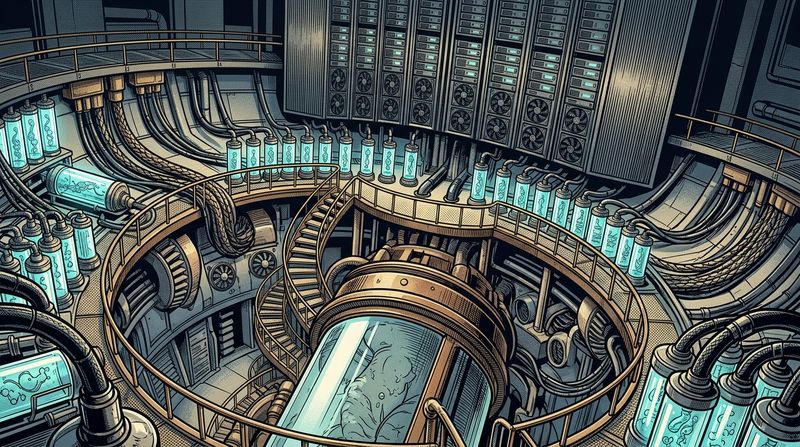 Graphic novel illustration. A sprawling laboratory table filled with glowing microscopic vials, connected by thick cables to a humming mainframe server. Deep inky shadows, hatched metal textures, cool cyan lights reflecting off glass, conveying the fusion of biology and data infrastructure.