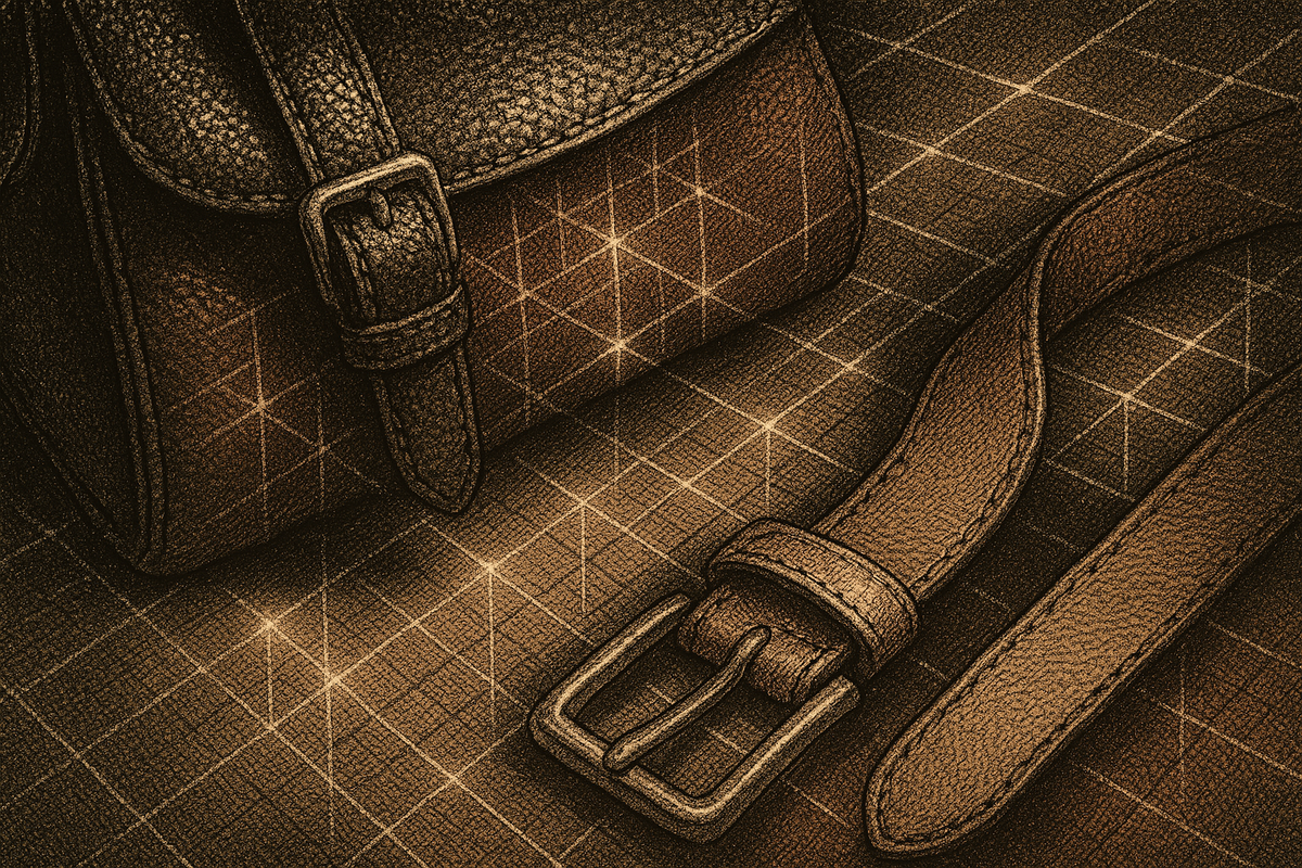 A close-up, high-fashion still life combining premium consumer materials with subtle digital elements. Rich, supple leather textures in deep oxblood and tan are overlaid with a faint, glowing geometric grid pattern, representing the intersection of heritage luxury accessories and underlying artificial intelligence architecture. No logos, text, or storefronts.