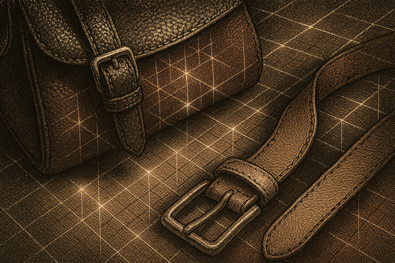 A close-up, high-fashion still life combining premium consumer materials with subtle digital elements. Rich, supple leather textures in deep oxblood and tan are overlaid with a faint, glowing geometric grid pattern, representing the intersection of heritage luxury accessories and underlying artificial intelligence architecture. No logos, text, or storefronts.
