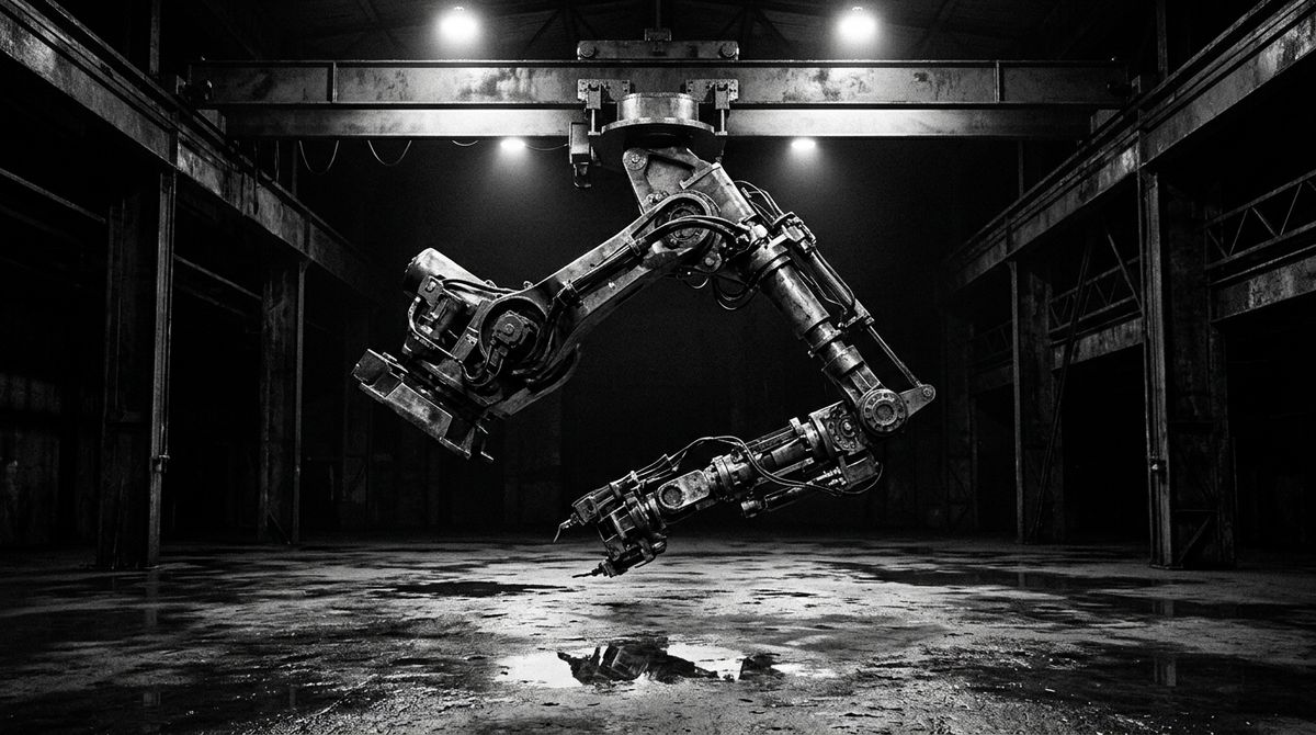 A heavy robotic assembly arm suspended mid-movement on an empty factory floor, dramatic overhead spotlights illuminating the raw steel chassis components. High-contrast architectural photography, harsh dramatic lighting, deep shadows, monochromatic with muted metallic accents.