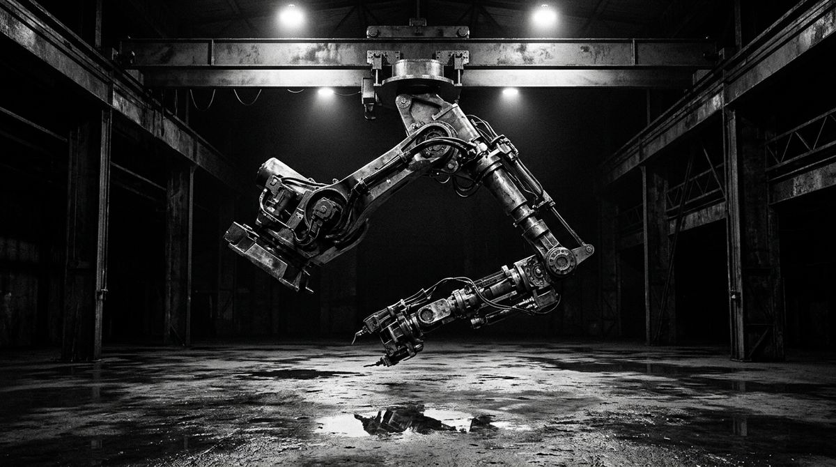 A heavy robotic assembly arm suspended mid-movement on an empty factory floor, dramatic overhead spotlights illuminating the raw steel chassis components. High-contrast architectural photography, harsh dramatic lighting, deep shadows, monochromatic with muted metallic accents.