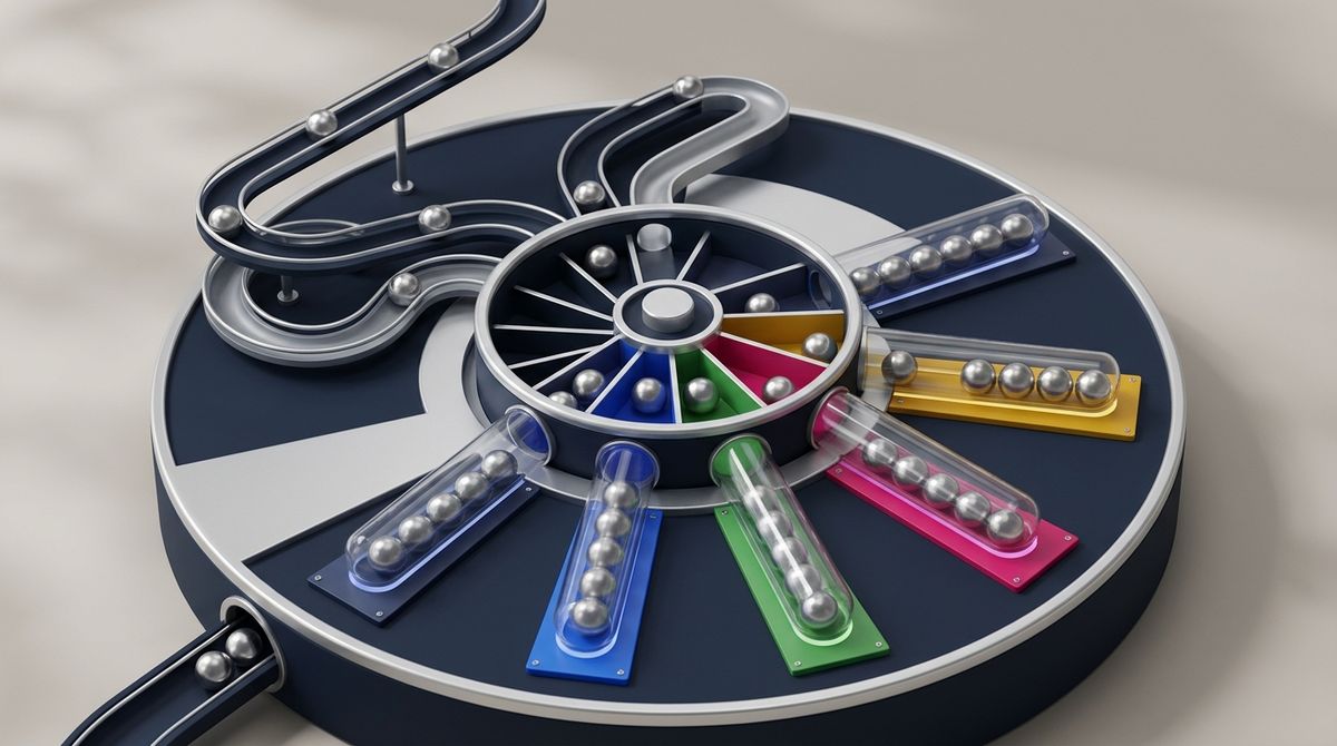 An isometric miniature of an abstract portfolio sorting mechanism, featuring polished metal spheres rolling into distinct categorized glass channels, representing sector rotation and risk management. Clean, stylized aesthetic with a navy and silver color palette, no text.