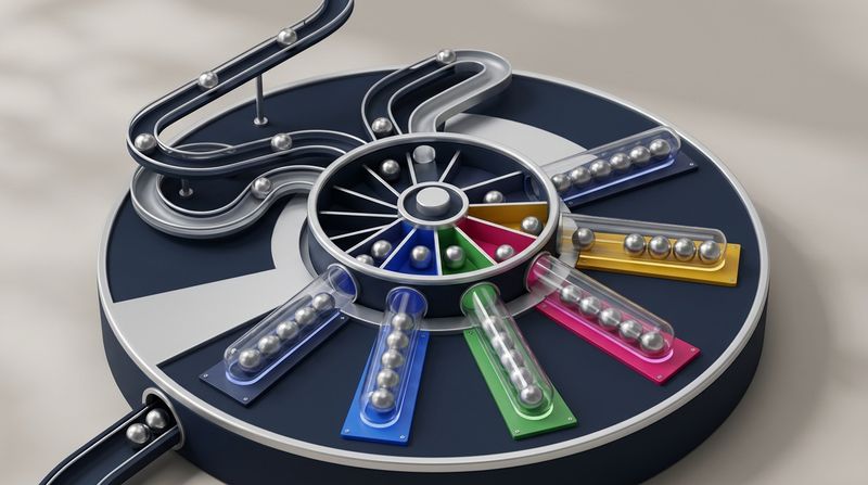 An isometric miniature of an abstract portfolio sorting mechanism, featuring polished metal spheres rolling into distinct categorized glass channels, representing sector rotation and risk management. Clean, stylized aesthetic with a navy and silver color palette, no text.