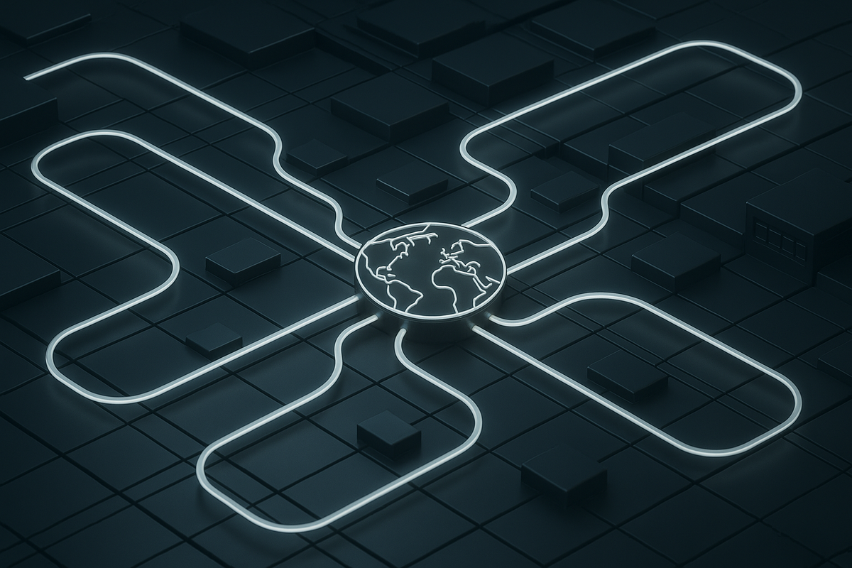 An abstract, high-tech representation of a global logistics and B2B network. Illuminated optical fiber cables routing in perfect geometric patterns through a dark, metallic server matrix, glowing in warm amber and deep blue tones to symbolize secure enterprise data flow. Clean composition, no text or UI elements.