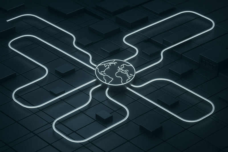 An abstract, high-tech representation of a global logistics and B2B network. Illuminated optical fiber cables routing in perfect geometric patterns through a dark, metallic server matrix, glowing in warm amber and deep blue tones to symbolize secure enterprise data flow. Clean composition, no text or UI elements.