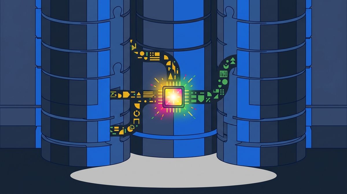Flat brand illustration of towering, walled-off corporate database silos interlocking like a puzzle, selectively releasing streams of geometric data into a central, brilliantly glowing artificial intelligence processing core.