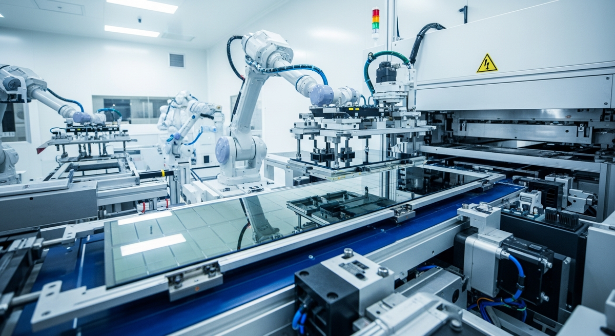 Inside a brightly lit, sterile cleanroom where robotic arms transport highly reflective silicon wafers through complex fabrication machinery.
