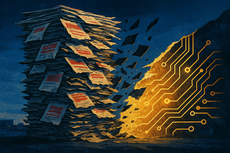 A dense, abstract stack of red-stamped bureaucratic paperwork dissolving into clean, bright golden circuitry, symbolizing the lifting of regulatory burdens in consumer finance. High contrast, cinematic lighting, sharp focus. No text, no words.
