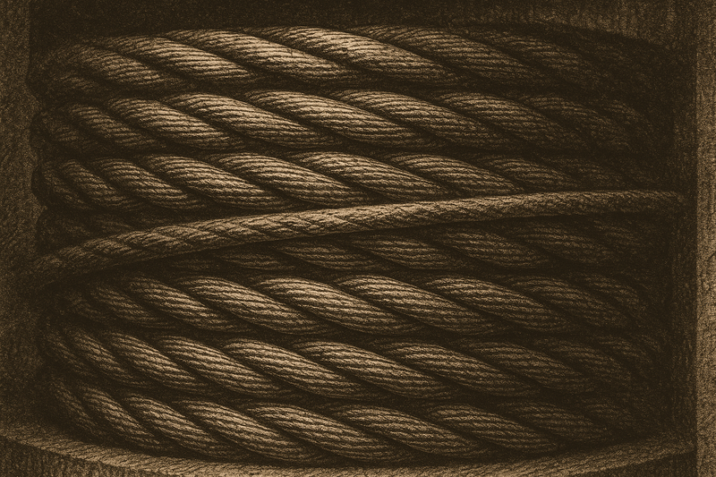 A close-up photograph of a dense spool of heavy industrial steel cabling bathed in harsh, directional warehouse lighting. The textures of the braided metal are sharp and high-contrast, conveying physical tension, weight, and structural reinforcement. No text, no branding, industrial realism.
